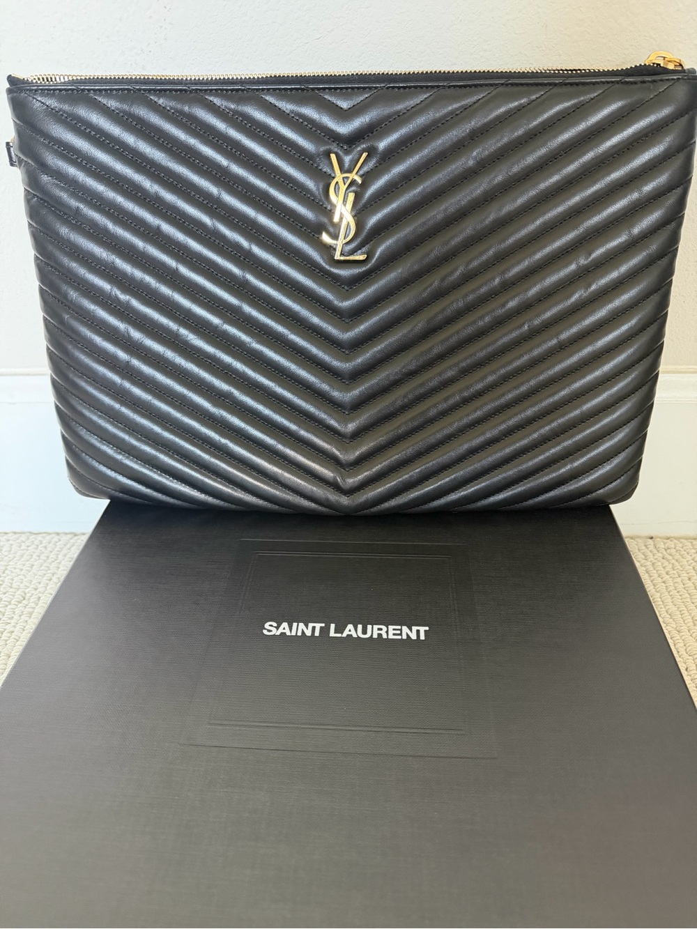 Saint Laurent Black Quilted Chevron Leather Pouch with Gold YSL Logo